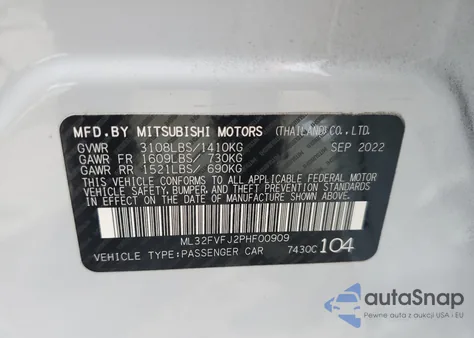 2023 Mitsubishi Mirage G4 Se из США, поврежденный, VIN ML32FVFJ2PHF00909